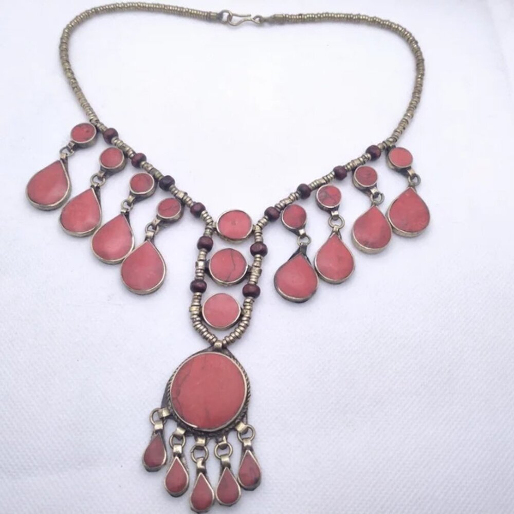 Dangling Stones Bibs Necklace, Afghan Bib Necklace with Wooden Beads